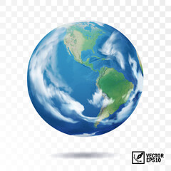 3d realistic, isolated vector earth with clouds, globe with view of the continents of north and sout