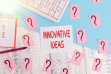Poster - Word writing text Innovative Ideas. Business photo showcasing concepts that are a better solution to market needs Writing tools, computer stuff and math book sheet on top of wooden table