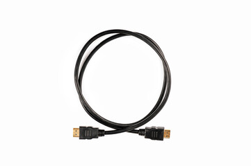  Black HDMI cable isolated on white background. top view