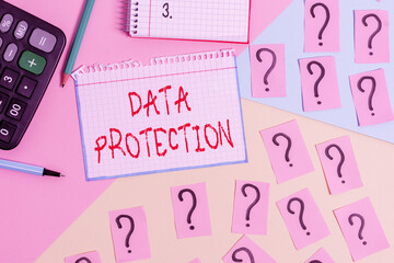 Poster - Writing note showing Data Protection. Business concept for safeguarding information away from a possible data breach Mathematics stuff and writing equipment above pastel colours background