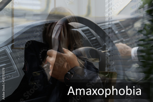 Woman suffering from amaxophobia. Irrational fear of vehicles
