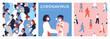 Set of corona virus disease outbreak illustrations. Diverse people and doctor workers wearing face mask for covid-19 health protection. Includes social seamless pattern and poster template.