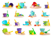 Set Of Different Plastic Beach Toys On White Background