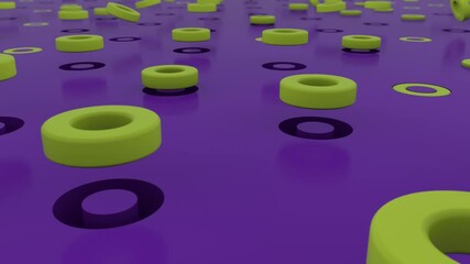 Poster - 3D rendering of an abstract geometric background of many yellow rings that pop out of holes in the purple surface. Motion design