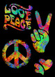 © yuliana_s - set of isolated hand drawn elements in Hippie Retro style 1960s, 60s, 70s Peace and Love, a sign of Pacifism - two thumbs up, round glasses and hearts
