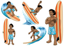 Set Cartoon Hawaiian Man Surfer