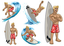 Set Of Cartoon Muscle White Surfing Man
