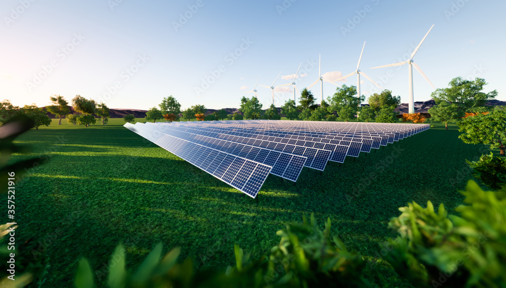 Solar farm or solar power plant consist of solar cell or photovoltaic cell in panel. That is sun business to generate electrical power or direct current electricity by light or sunlight. 3d render. - obrazy, fototapety, plakaty 