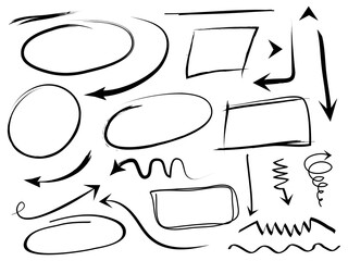 Poster - hand drawn design elements set. arrows, box, circle line scribble. doodle abstract use for concept design. isolated on white background. vector illustration