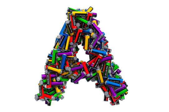 Letter A from colored AA batteries, 3D rendering