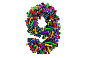 Poster - Number 9 from colored AA batteries, 3D rendering