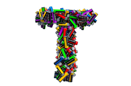 Letter T from colored AA batteries, 3D rendering