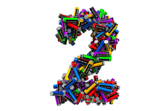 Number 2 from colored AA batteries, 3D rendering