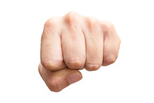 Male Hand Gesture With Fist Front Side Clenched Ready To Punch Isolated On White Background