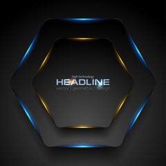 Black hexagon with blue orange neon light abstract background. Vector tech glowing corporate design