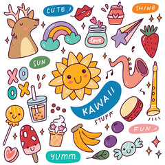 Sticker - Set of Kawaii Icons, Cute Sticker Collection, Fashion Patches Design 