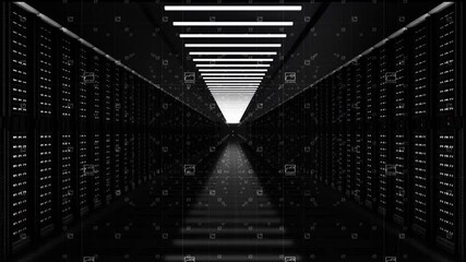 Poster - Digital data network servers in a server room of a data center or ISP with Electric circuit high speed data transfer, Moving the camera forward, 4K high quality animation.
