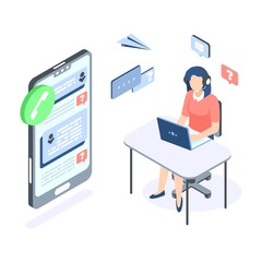 Poster - Call center isometric concept. Support customer help web banner. Vector illustration professional supporting services technology on white background