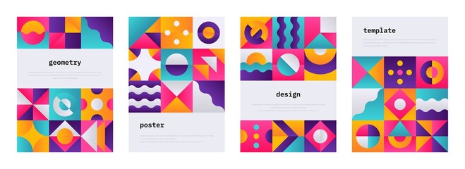 Poster - Geometric shape poster. Memphis journal cover with Swiss geometric composition, banner flyer with abstract bauhaus shapes. Vector geometrical colorful patterns or wallpaper set