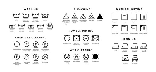 laundry care icons. machine and hand wash advice symbols, fabric cotton cloth type for garment label