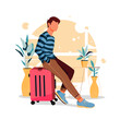 portrait boy sitting on suitcase in stylish outfits, flat design concept. vector illustration