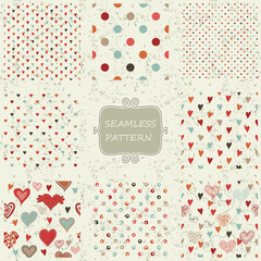 Aufkleber - Set of 8 retro abstract seamless patterns with colorful hearts on shabby background. Vector illustration