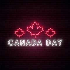 Wall Mural - Happy Canada Day neon signboard. Bright light banner with red maple leaves and text. Vector illustration.