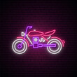 Neon motorcycle sign. Bright neon motorcycle emblem on dark brick background. Vector illustration.