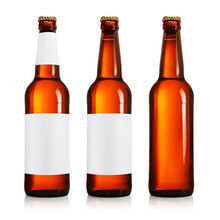 Three Brown Beer Bottle With Blank Label Isolated On White.
