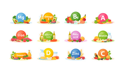 Poster - Products rich of vitamins, minerals for health cartoon vector illustrations set