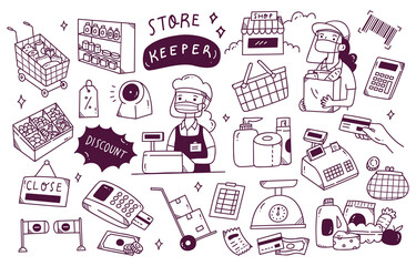 Set of shop keeper doodle in new normal condition