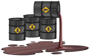 Wall Mural - black oil barrels with crude sign spill oil on the floor isolated on white background