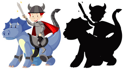 Wall Mural - Knight riding cute dragon with sword in color and silhouette