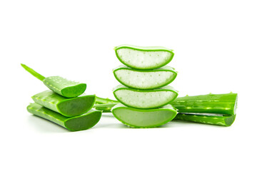 Slices of fresh aloe vera plant stacked and aloe vera stalk or leaves with water dropping isolate on white background.