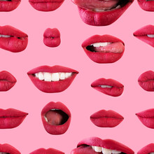 Seamless Pattern Of Seductive Beautiful Female Lips With Different Emotions. Emotional Woman's Mouth Gestures, Collage Over Pink Background. Template For Print, Textile, Box, Wallpaper, Cover Design