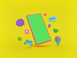 Poster - social network Icons with a smartphone. abstract trendy design for social media advertising. modern technology concept. 3d rendering
