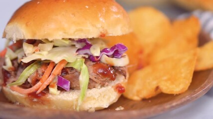 Canvas Print - BBQ pulled pork sandwich in shape of small sliders with brioche buns.