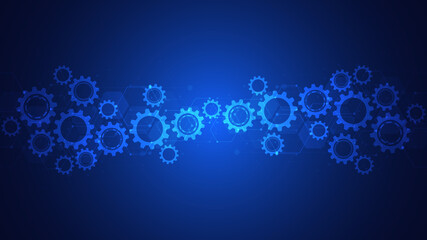 Poster - Cogs and gear wheel mechanisms. Hi-tech digital technology and engineering. Abstract technical background.