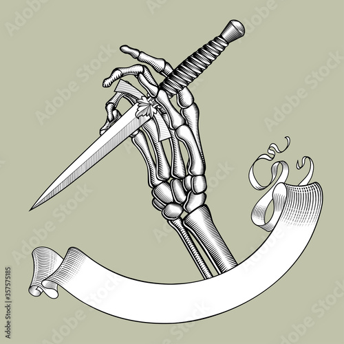 Cuadros en Lienzo Engraved drawing of a skeleton hand holding a dagger with rose and ribbon banner