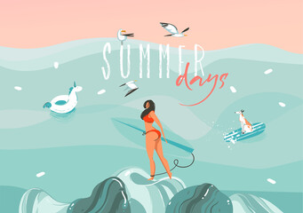 Sticker - Hand drawn vector stock abstract graphic illustration with a funny sunbathing surfer girl with dog in ocean waves landscape,swimming and surfing isolated on colour background