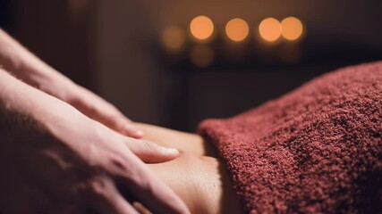 Poster - Close-up Young male massage therapist does back massage to a woman with a tattoo in a massage room with dim lights on the background of candles. Low key premium massage concept