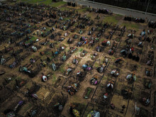 Aerial View Of Fresh Graves In The Butovo Cemetery On The Outskirts Of Moscow On June 11, 2020.
