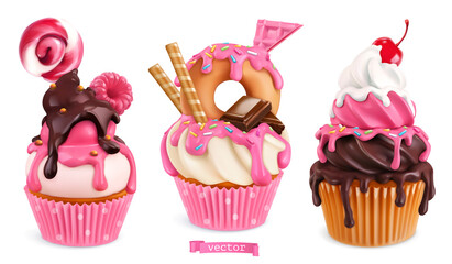 Cupcakes with raspberries, donut, chocolate. 3d realistic vector sweet desserts. Food icons