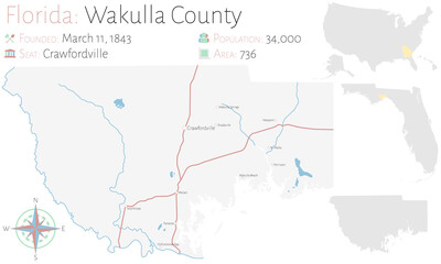  Large and detailed map of Wakulla county in Florida, USA.