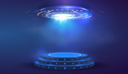 Poster - Circle abstract digital technology UI futuristic HUD Virtual Interface. Stage futuristic  podium in fog. Empty futuristic pedestal for award ceremony, platform illuminated by spotlights, stage. Vector