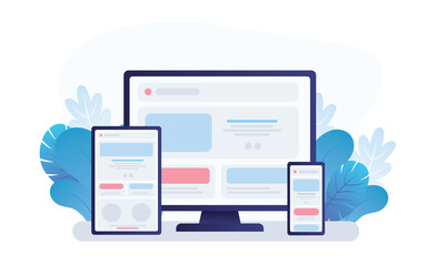 Aufkleber - Adaptive programming icons set. Multi device development, software engineering. Responsive web design,  The website is open on computer, laptop, tablet and smartphone. Flat vector /Icon illustration.