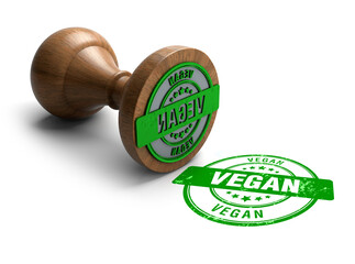 Wall Mural - Vegan stamp. Wooden round stamper and stamp with text Vegan on white background. 3d illustration. rubber stamp.