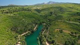 Fototapeta Pomosty - Aerial drone panoramic photo of beautiful nature in artificial lake and dam of Marathonas or Marathon that feeds drinking water supply to Athens, Attica, Greece