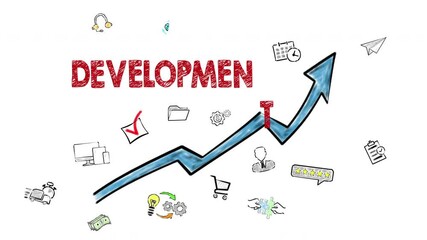 Canvas Print - DEVELOPMENT concept. Blue Arrow With Icons Around on the White Background