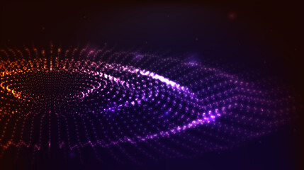 Vector abstract background. Radial wave, surge, oscillations. Array of glowing dots on a dark background.